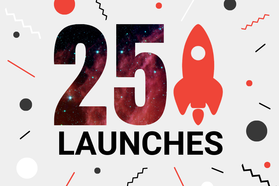 25 launches with a rocket graphic against a colorful background